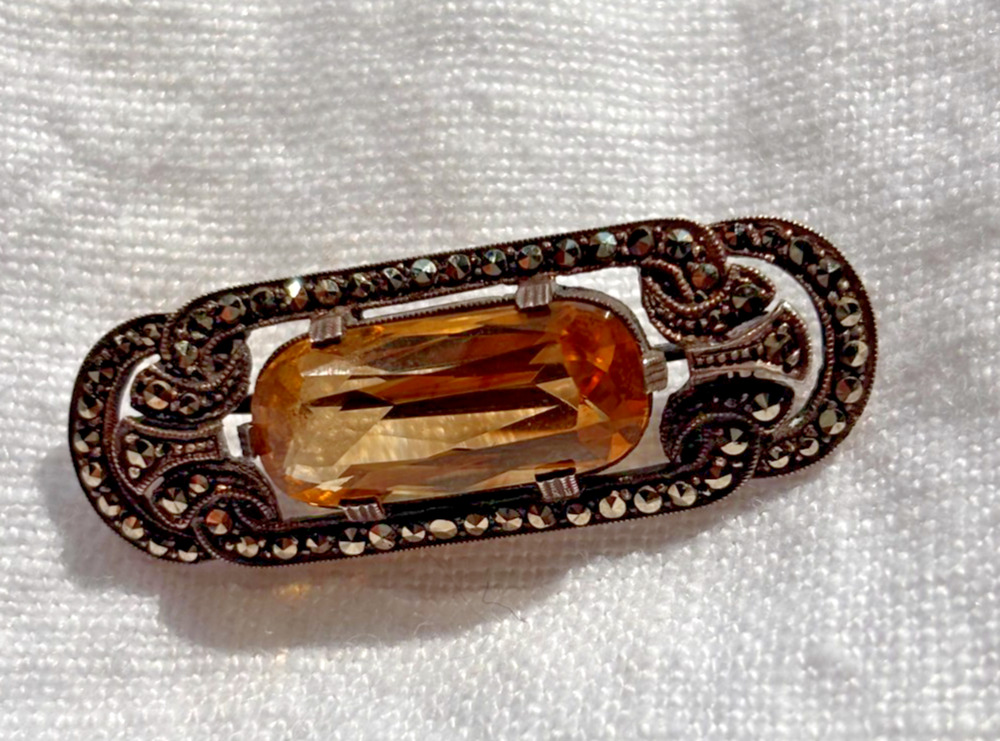 Art Deco Marcasite Bar Brooch Sterling Silver 925 Topaz Filigree Pin Vintage